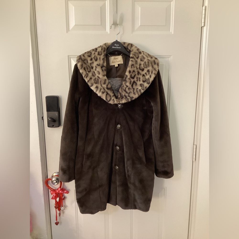 Dennis Basso Dark Brown Faux Fur Jacket with Leopard Print Removable Collar